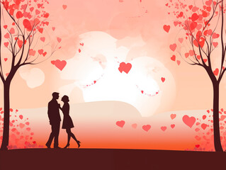 Romantic card, silhouettes of lovers with a bicycle, trees and hearts on the background. flat style vector illustration.