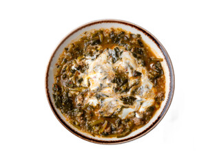 Traditional Turkish cuisine; Turkish style yogurt on a spinach dish with rice. Turkish name; Pirincli ispanak yemegi yogurt ile