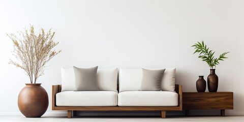 Contemporary living room design with wood furniture and metal vases, featuring a minimalist aesthetic concept.