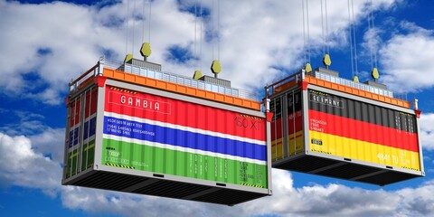 Shipping containers with flags of Gambia and Germany - 3D illustration