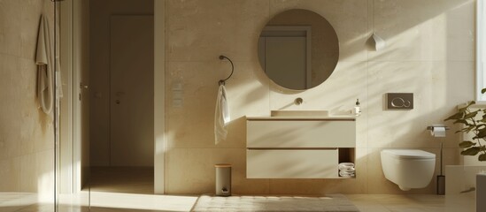 Interior design luxury beige toilet with a round mirror over washbasin into the cabinet.AI generated