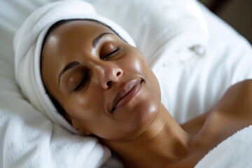 Confident black African American woman in her 40s, with flawless skin, and natural beauty relaxing in skin clinic spa after beauty skincare treatment like face peel, led ipl laser and micro-needling