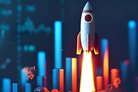 Rocket and bar graph on blue background, finance and business concept.