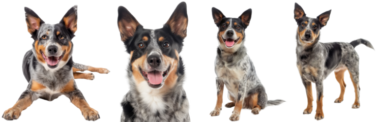Collection of happy australian cattledogs, portrait, lying, sitting and standing, isolated on a white background, dog bundle