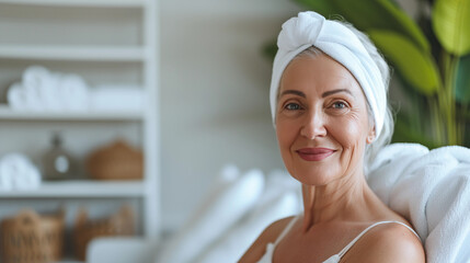 A mature happy woman in her 70s, a white caucasian at a day spa salon, wearing a headband, advert for skincare health products for mature menopause skin for anti ageing and relaxation wellness - obrazy, fototapety, plakaty