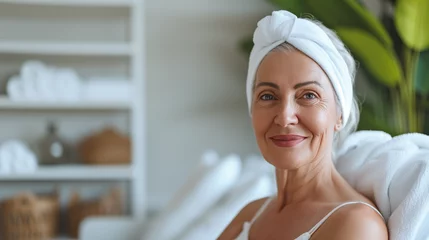 Keuken spatwand met foto A mature happy woman in her 70s, a white caucasian at a day spa salon, wearing a headband, advert for skincare health products for mature menopause skin for anti ageing and relaxation wellness © Sawoon