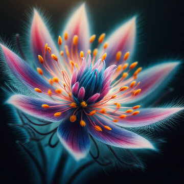 The image features a close-up of a colorful flower with a dark background. The flower has pink, purple, and blue petals with yellow stamen. The petals have a feathery texture. 