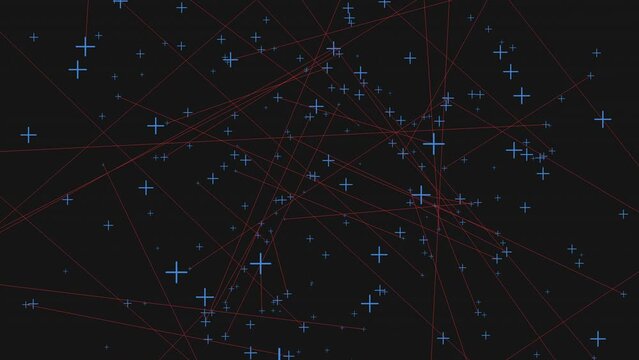 A vibrant representation of a complex network, this image features interconnected lines and scattered dots in shades of blue and red, forming an intricate and visually captivating pattern