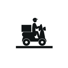 pizza delivery, hot lunches, courier on a personal motorcycle, scooter, human figure, flat vector illustration