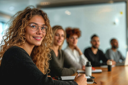 Smiling young woman with colleagues in a meeting. Generative AI image
