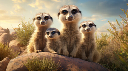 a realistic scene of a family of meerkats, meerkat on guard, meerkat on the lookout, group of meerkat on the lookout - Powered by Adobe