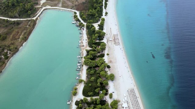 Cinematic overhead 4K drone clip over a peninsula in Paliouri, Chalkidiki in North Greece