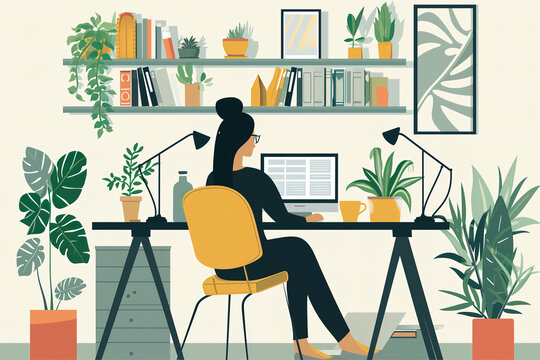 Generative AI illustration of a woman focused on her computer in a well decorated home office with multiple plants and shelves