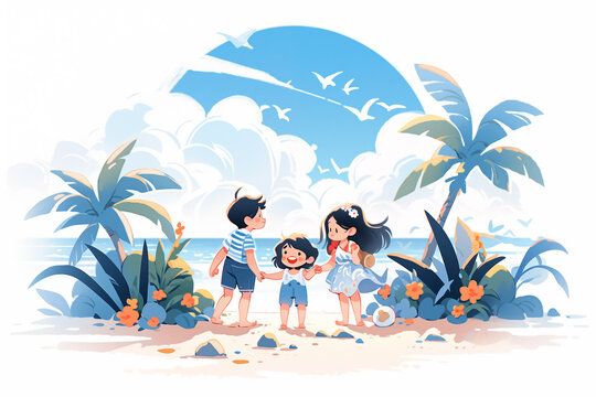 Generative AI illustration of three animated children smiling and holding hands on a picturesque beach with tropical flora