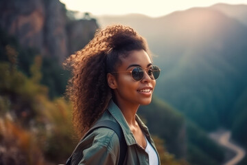 Yong beautiful mix race woman in sunglasses with backpack walking at backcountry. Close up portrait. Unfocused background, copy space
