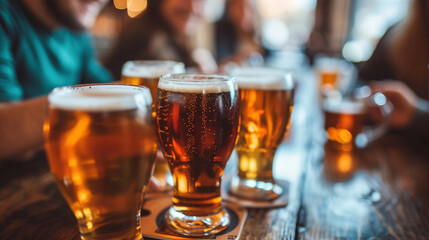 Close-up of friends toasting with glasses of beer at a warm, inviting pub.