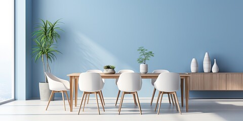 Contemporary dining room with white chairs, blue walls, natural decor, and large window.