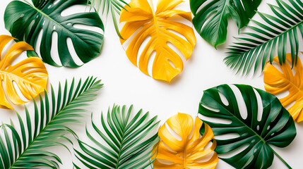 Fototapeta na wymiar Creative layout made of green and yellow tropical leaves on white background.