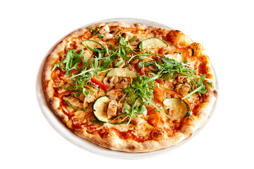 Plate with a delicious pizza isolated on white