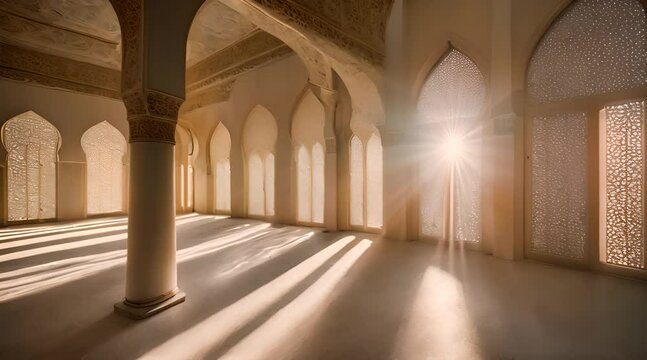 A Captivating Glimpse into the Majestic Interior of a Mosque, Illuminated by Ethereal Light Streaming Through Ornate Windows