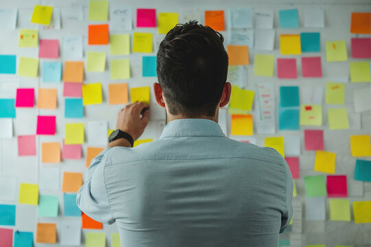 Man contemplating a wall covered with colorful sticky notes Generative AI image