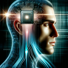 An artificial intelligence chip implanted in the human head. The implant is in a man's brain.