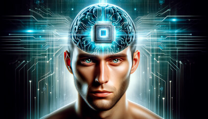 An artificial intelligence chip implanted in the human head. The implant is in a man's brain.