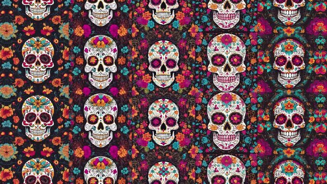 Sugar skulls. Animated death symbols. Gothic background with flowers. Mexican skulls. 23,98fps