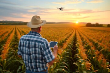 Fototapeta premium A lone farmer stands in his sun hat, tablet in hand, overlooking the vast corn field under the summer sky, a symbol of hard work and dedication in the world of agriculture