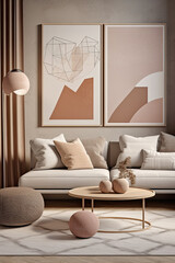 Beige lively living room adorned with exquisite painting on wall showcases array of stunning furniture pieces