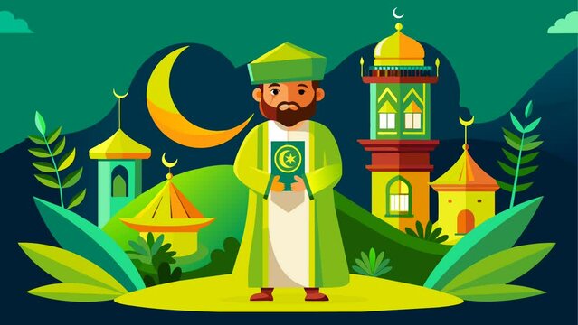Standing person holding Qur'an near the mosque for Ramadan theme video background in cartoon vector style
