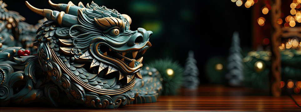 Magnificent and intricately designed dragon statue is captured in this close-up photo, showcasing mythical creatures fierce gaze and majestic presence.