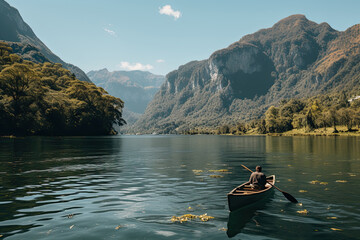 Serene Journey: person peacefully paddles a canoe across the calm waters of a picturesque lake.