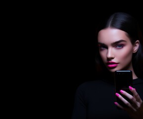 Beautiful digital portrait of a woman holding a smartphone, she has long dark hair and wears a black jersey, pink make-up and nail varnish, perfect skin and eyebrows line, isolated on black background - Powered by Adobe