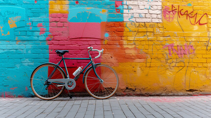 A bicycle leaning against a colorful, graffiti-covered wall, symbolizing urban exploration. 