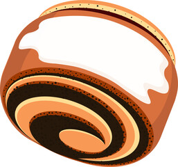 A sweet bun with poppy seeds and icing. A symbol of the baking assortment. Cartoon bun, snail.