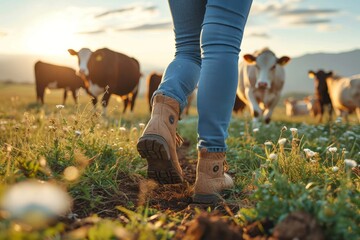 A lone cowboy stands amidst a sea of grazing cattle on a vast, sun-kissed field, their sturdy boots sinking into the soft grass as the vibrant blue sky stretches endlessly above - Powered by Adobe