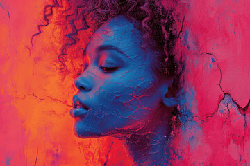 Generative AI illustration of serene portrait of a woman with blue toned skin contrasting against a vibrant red cracked background, evoking a strong artistic and mystical mood