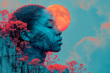 Generative AI illustration of composite image blending a woman's profile with natural elements and a red moon, creating a mystical fusion of human and nature