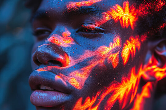 Generative AI illustration of close up of a person's face with vivid red and orange light patterns resembling flames, creating a mystical and intense visual effect