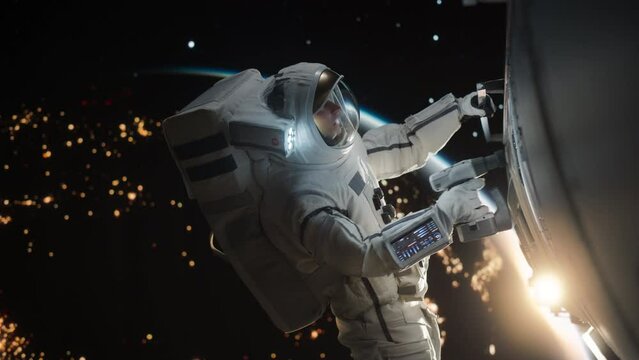 Space Engineer Servicing a Panel on a Communication Satellite with an Automatic Screw Gun. Brave Astronaut Working in Outer Space with Beautiful Dark Side of Planet Earth in the Background