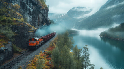 A cargo train winding through a misty mountain pass, a testament to human ingenuity and nature's majesty.  - obrazy, fototapety, plakaty