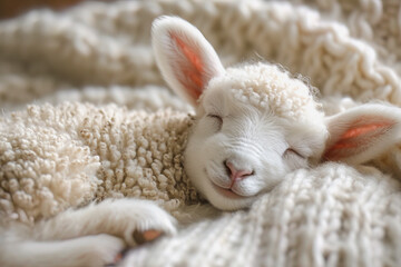 Peaceful Sleeping Baby Lamb on Soft Wool. Generative AI image