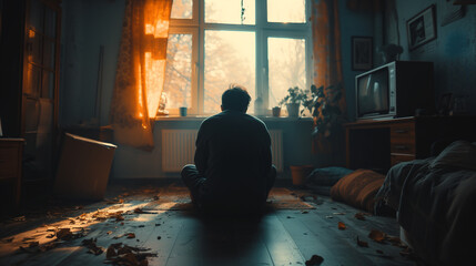 a depression person in a room - obrazy, fototapety, plakaty