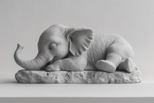 Peaceful Sleeping Baby Elephant Statue in Monochrome. Generative AI image