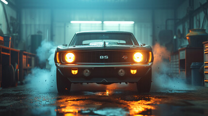 A classic muscle car roaring to life in a secluded garage, dust particles dancing in the beam of light. 