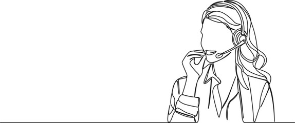 continuous single line drawing of female call center agent with headset during call, line art vector illustration