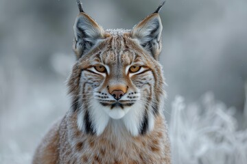 Obraz premium A majestic lynx, its sleek fur covered in a dusting of snow, gazes confidently into the wintry wilderness, embodying the untamed spirit of the wildcat