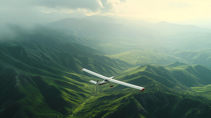 A glider soaring above rolling hills, capturing the tranquility and vastness of the landscape. 