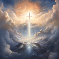 Cross in the clouds radiates the light of faith and hope - obrazy, fototapety, plakaty